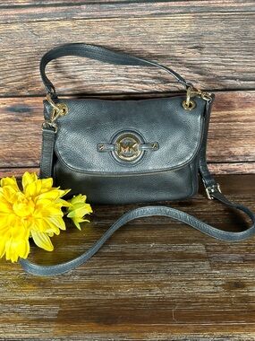Michael Kors Dark Navy Pebbled Leather Flap Crossbody with Gold Hardware